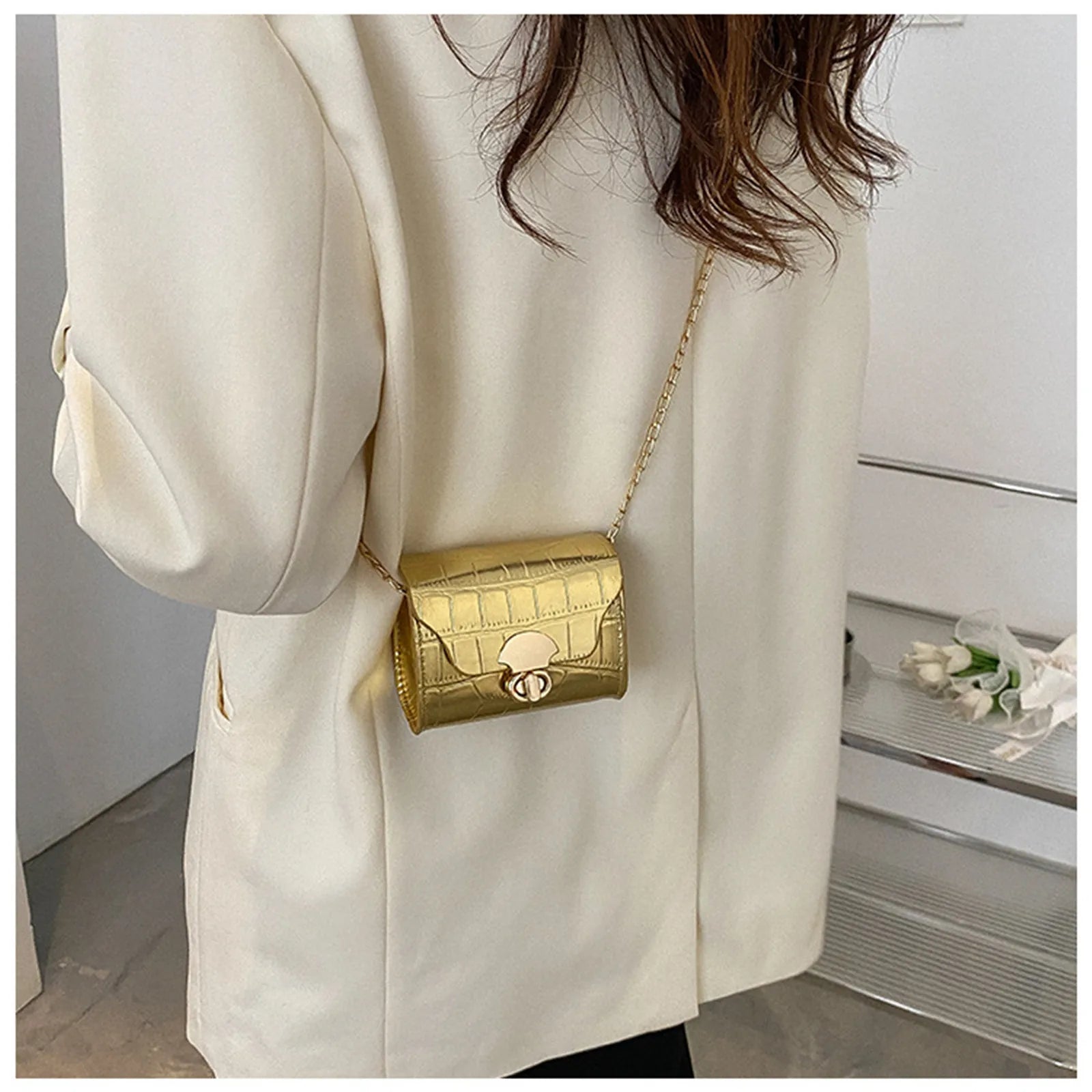 Korean Style Leather Bright Surface Shoulder Bag | Chain Mini Crossbody Bag & Lipstick Pouch Luxegan