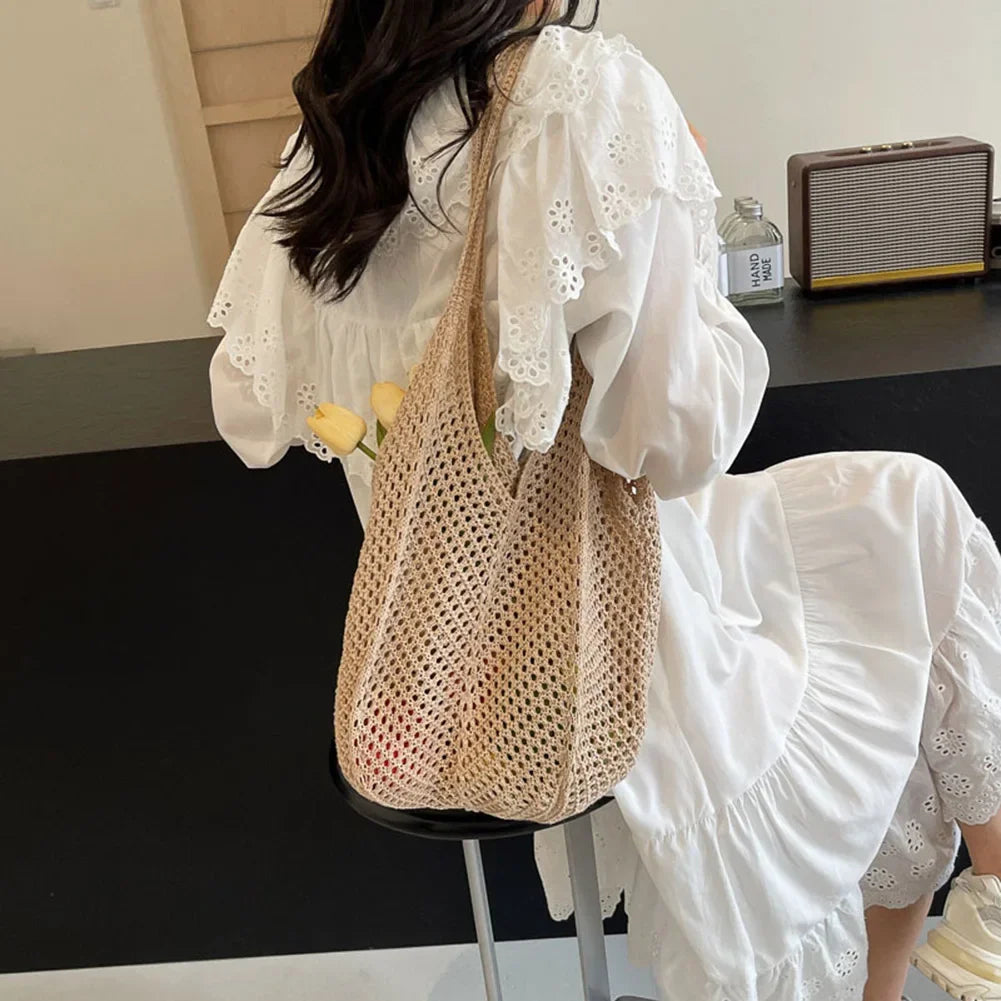 Fashionable Women’s Open-Weave Shoulder Bag | Large Capacity Knitted Underarm Bag | Minimalist Crochet Handbag | Summer Mesh Beach Bag for Vacation & Leisure Luxegan