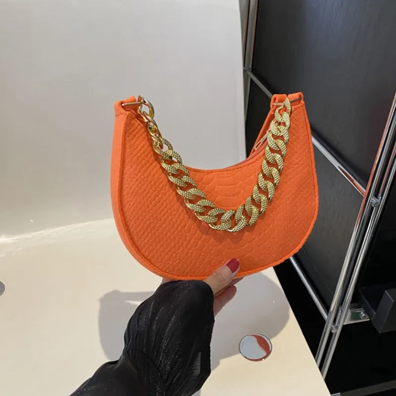 Fashion Women's Felt Handbag | Imitation Metal Chain Underarm Bag (Retro Ladies Solid Color Shoulder Bag, Trendy Casual Clutch Purse) Luxegan