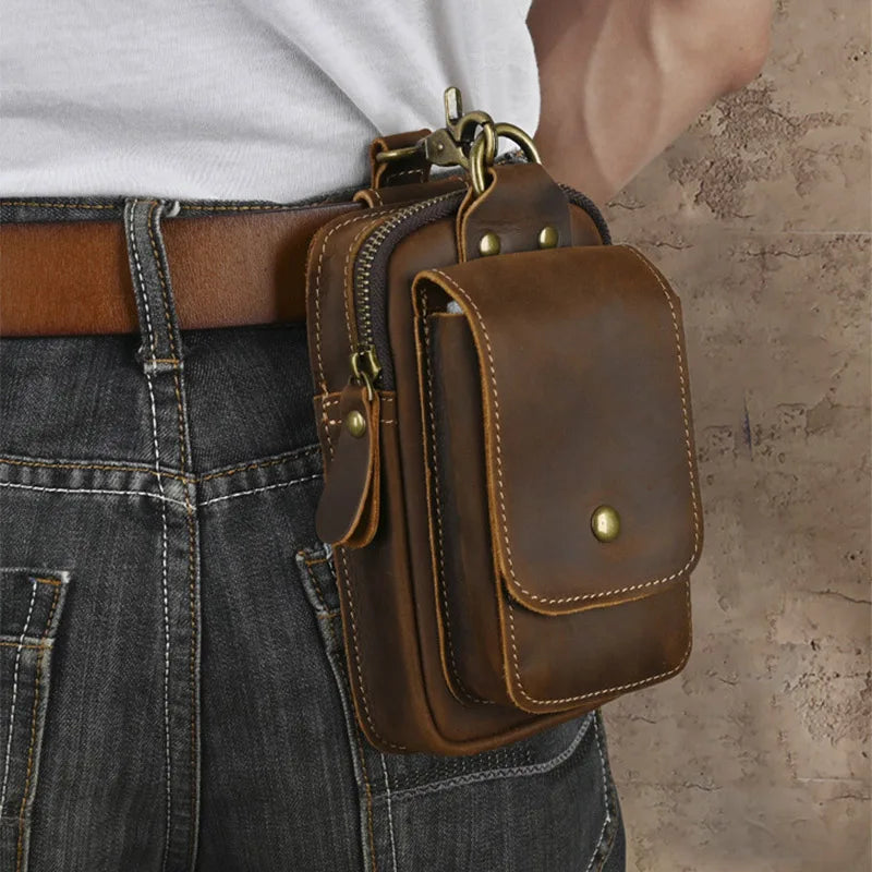 Hardware Clasp Waist Bag for Men | First Layer Genuine Cowhide Leather Hang Bag | Vintage Box-Shape Belt Loop Wallet & Retro Phone Purse with Zipper Luxegan