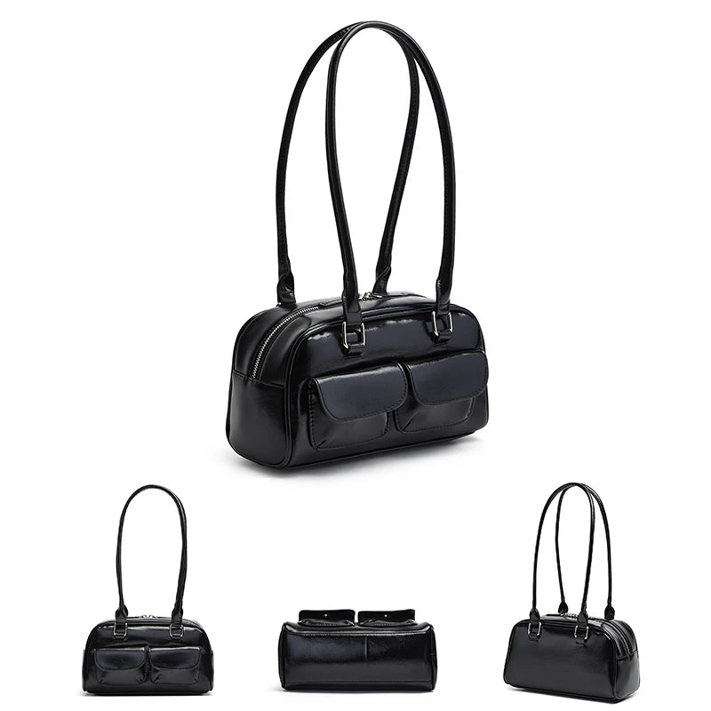 Oil Wax Leather Bowling Bag | Multi-Pocket Shoulder Handbag Luxegan