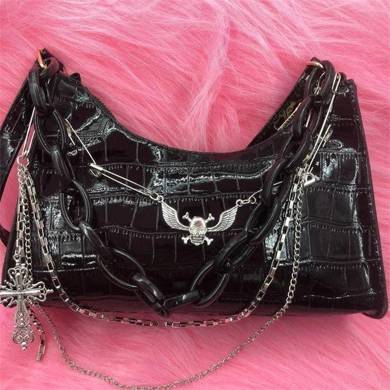 Gothic Dark Punk Underarm Bag | Skull Shoulder Bag & Y2K Chain Crocodile Pattern Crossbody Bag (Korean Popular Aesthetic Handbags) Luxegan