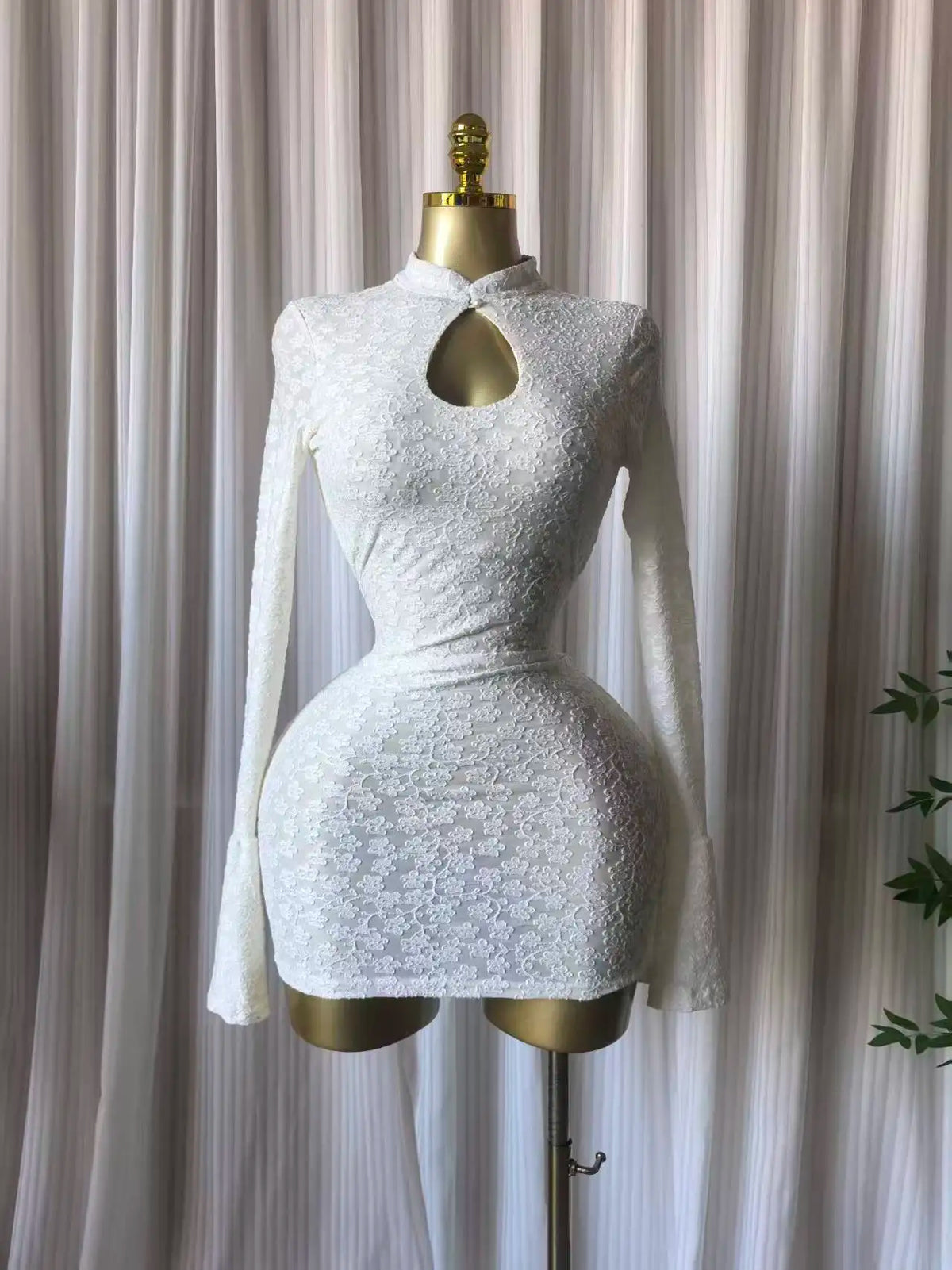 Floral Half-High Collar Full-Length Flare Sleeve Regular Fit Pencil Mini Dress – High-Stretch Jacquard Polyester-Elastane, Empire Waist, Autumn/Winter Luxegan
