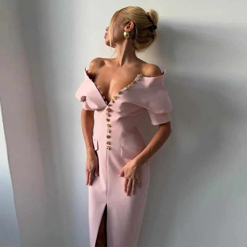 Elegant Solid Buttons Long Dress Women Waist Cinched Shoulder Pads High Collar Slit Dresses 2026 Spring Summer Lady Party Robes