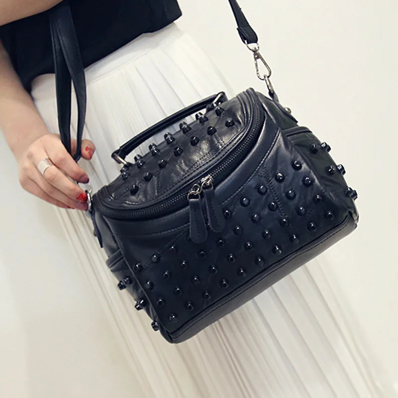 Deluxe Sheepskin-Texture Messenger Handbag | Famous Brand Designer Rectangle Shoulder Bag | Fashion Small Square Bag with Rivet Decoration & Digging Bag Exterior Luxegan