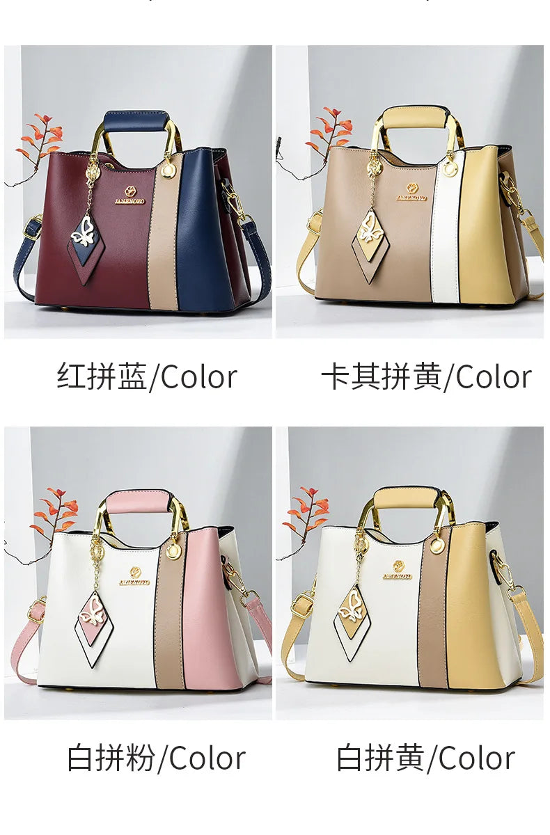 Women’s Fashion Cat-Themed Satchel | Sophisticated Top-Handle Handbag | Fashion-Forward Patchwork Shoulder Bag | Elegant Crossbody Purse with Tassel Decoration Luxegan