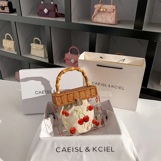 Transparent Acrylic Patterned Square Box Bag | Handmade Bamboo Woven Handheld Bag | Luxury Fashion Holiday Beach Handbag & Vacation Clutch Luxegan