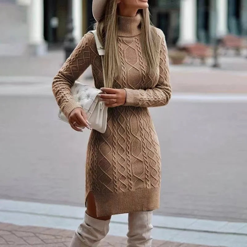 Solid Office-Style Turtleneck Full-Length Sleeve Loose A-Line Acrylic Knit Mid-Calf Dress – Medium-Stretch, Elastic Waist, Autumn/Winter Luxegan