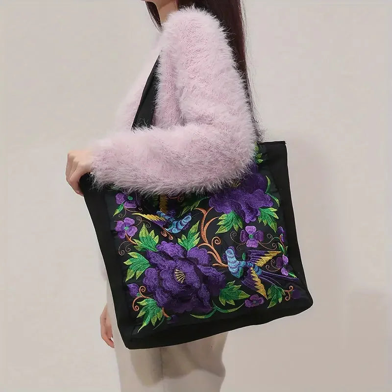Ethnic Style Flower Embroidery Canvas Tote | Shoulder Bag & Large Capacity Handbag Luxegan