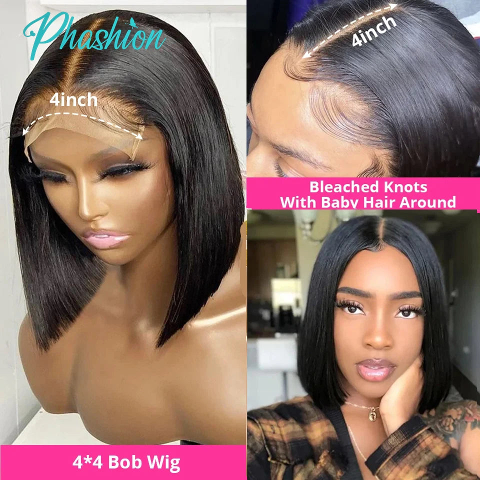 Phashion 2x6 4x4 Glueless Straight Short Bob Wigs With Natural Hairline For Black Women 100% Remy Human Hair Blunt Cut On Sale