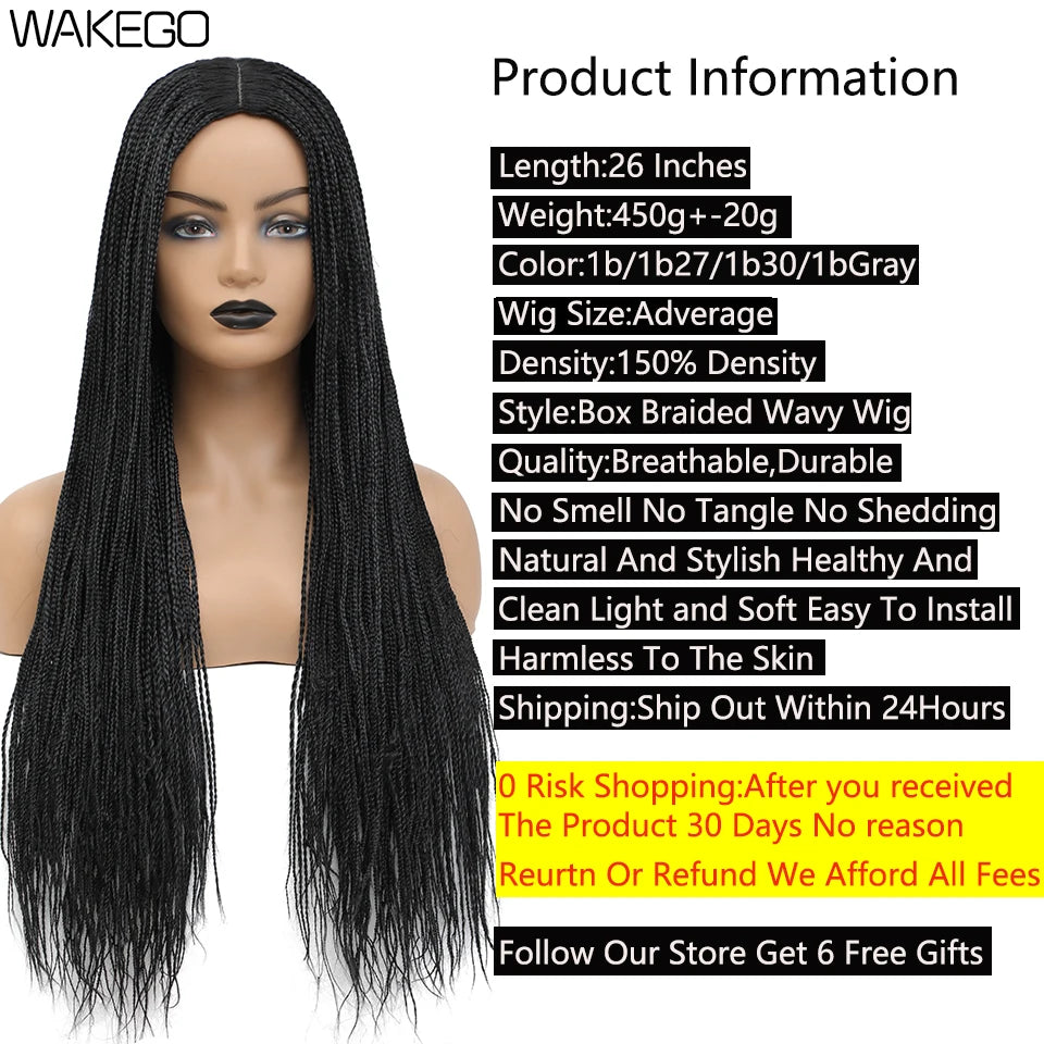 Wakego Black Braided African Wig Handmade Box Braids Wig Natural Synthetic Braiding Hair Wigs For All Women Peluca Con Trenzas Luxegan
