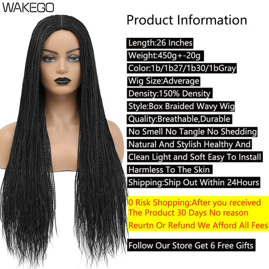 Wakego Black Braided African Wig Handmade Box Braids Wig Natural Synthetic Braiding Hair Wigs For All Women Peluca Con Trenzas Luxegan