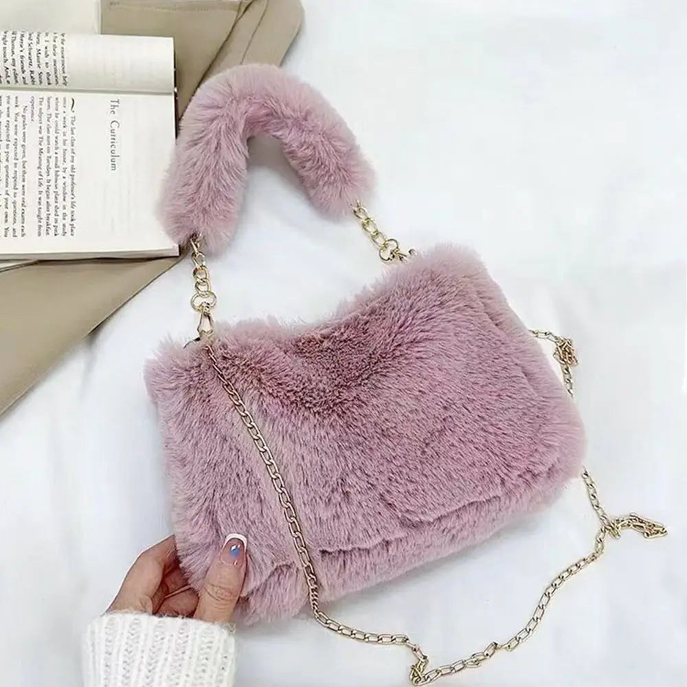 Fashion Women’s Fluffy Shoulder Bag | Sophisticated Winter Plush Underarm Bag | Elegant Solid Color Handbag with Chain Detail | Soft Handle Bag for Parties and Social Events Luxegan