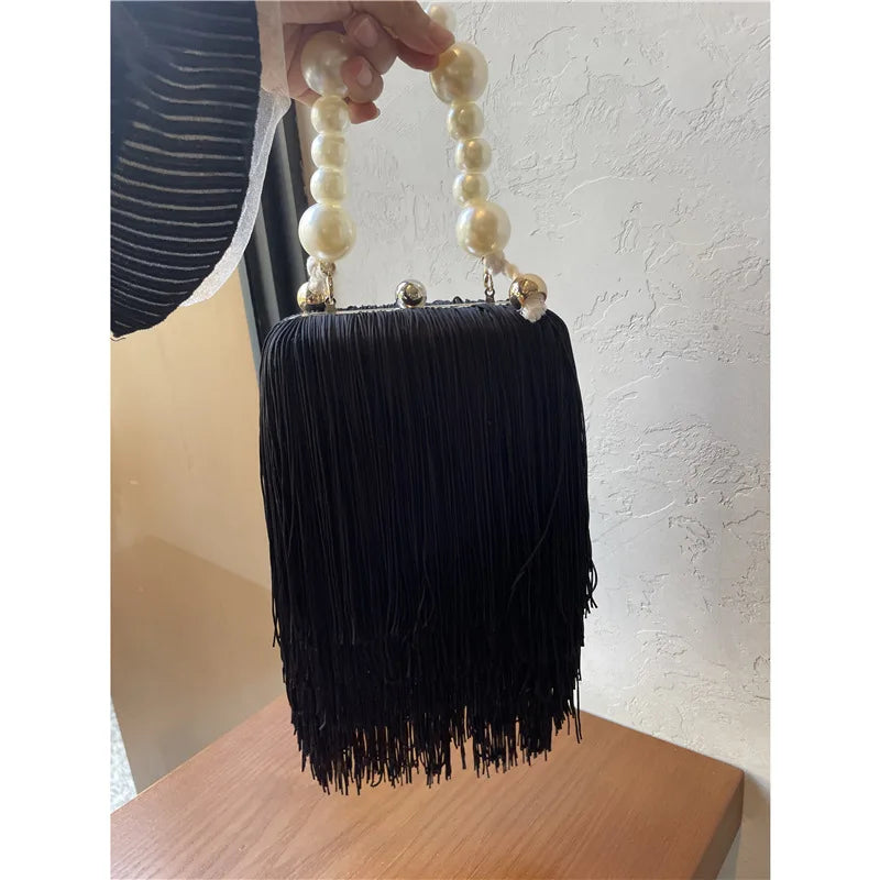 High-Quality Black Evening Handbag | Tassel Small Square Dinner Bag | Elegant Pearl Chain Clutch | Luxury Acrylic & Wool Mixed Minaudière for Women Luxegan