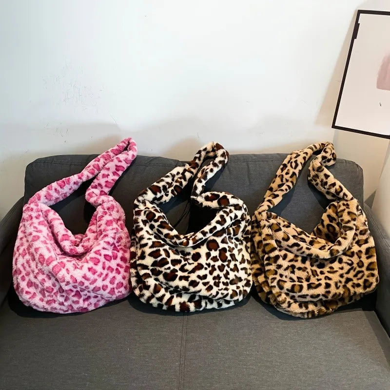 Cute Japanese Plush Fur Commuter Shoulder Tote Bag | Large Capacity Leopard & Polka Dot Pattern Flannel Handbag for Women Luxegan