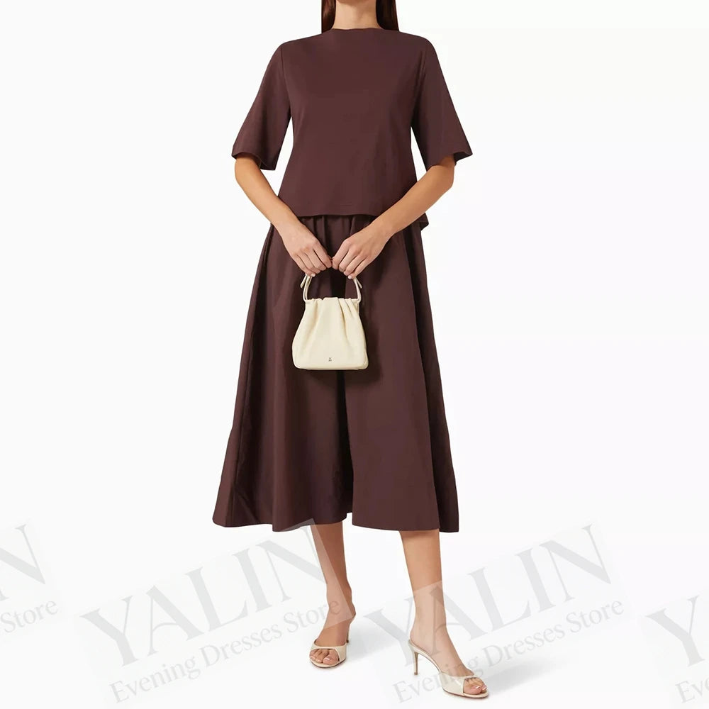Draped A-Line Evening Gown | O-Neck Half Sleeve Tea-Length Prom Dress Luxegan