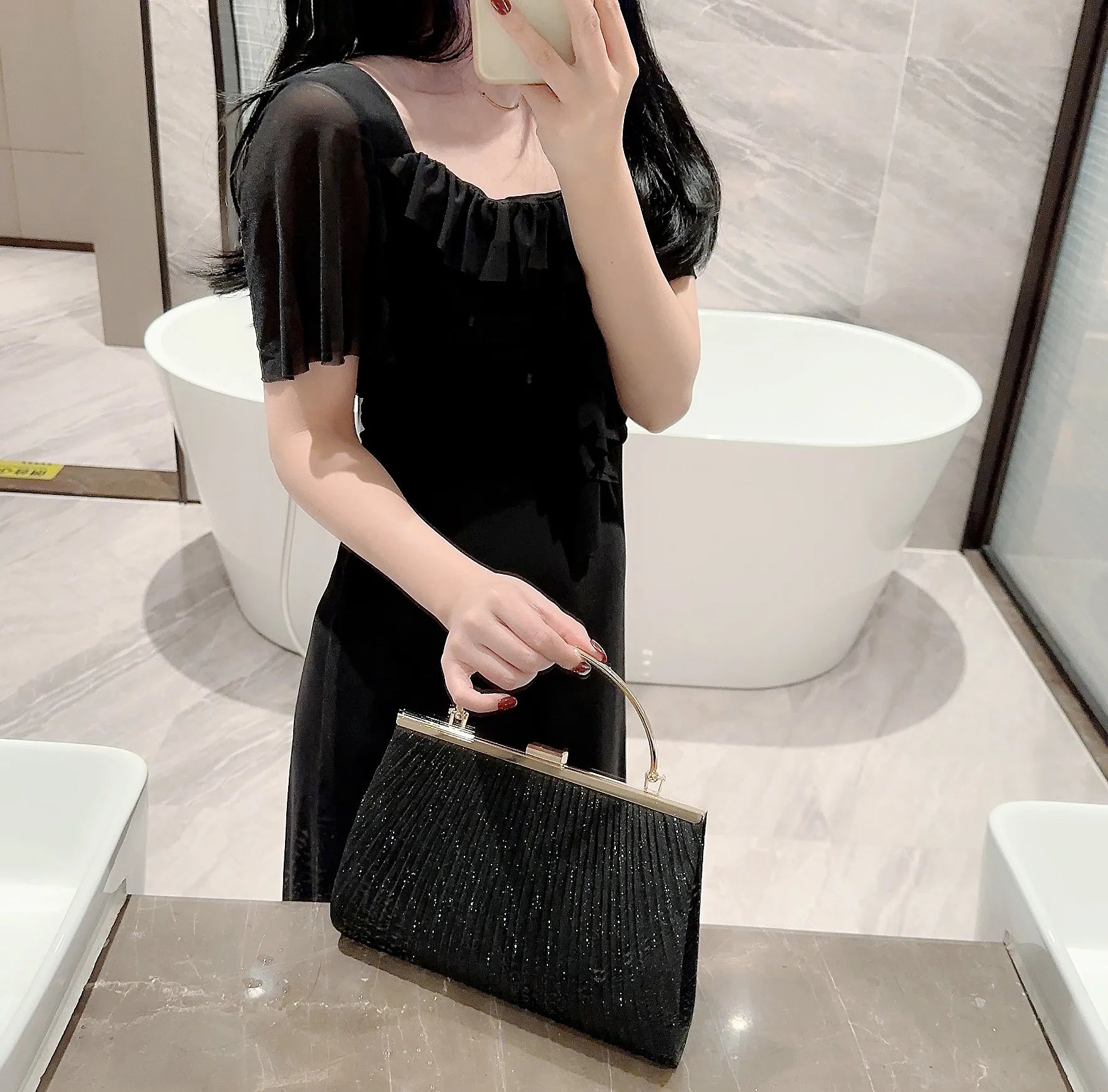 Women's Classic Pleated Evening Bag | Sparkling Handbag Clutch for Prom, Party & Formal Events (Minaudière Shape) Luxegan