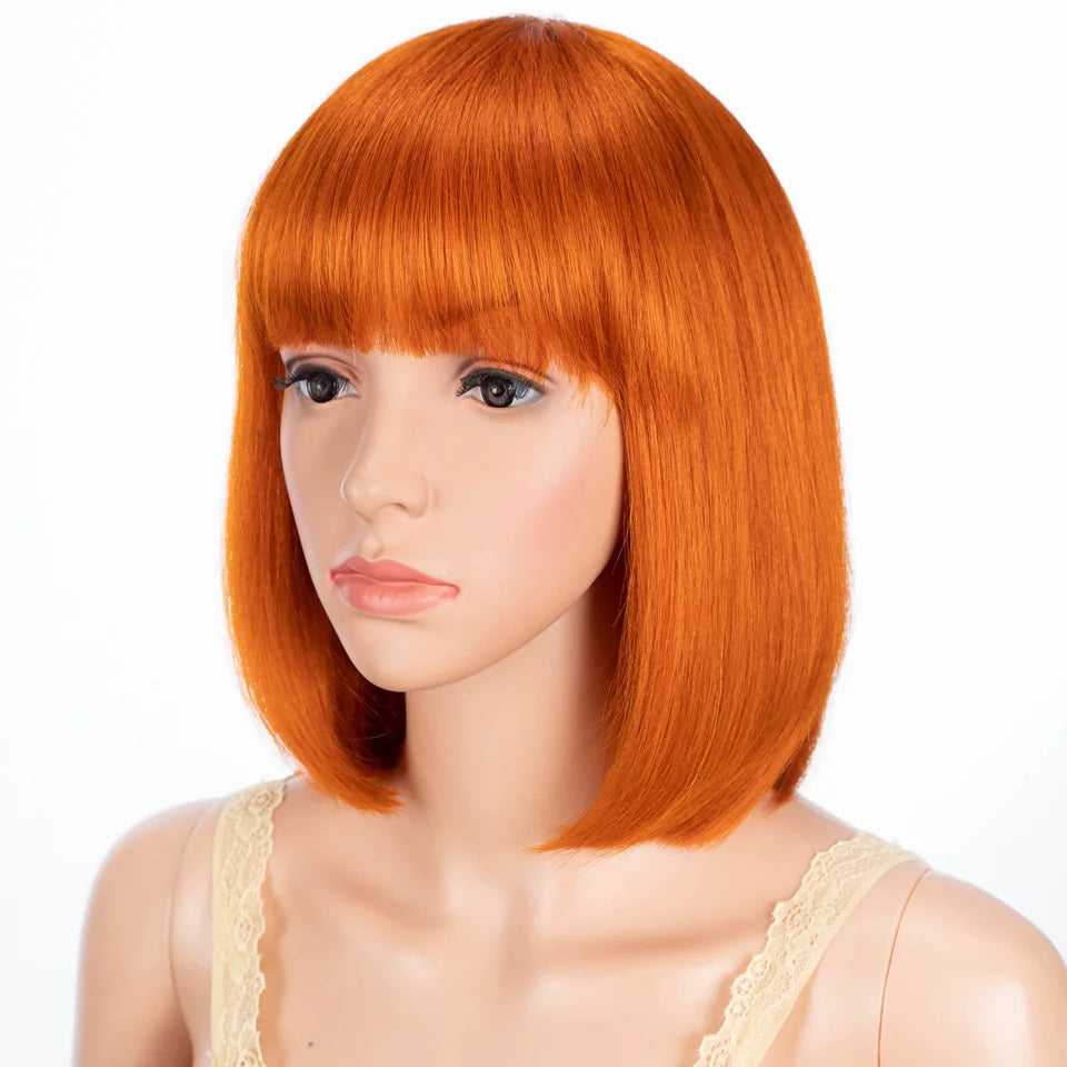 Sleek 613 Blonde Bone Straight Short Bob Human Hair Wig with Bangs | Glueless Full Machine-Made Brazilian Remy Human Hair Wig | Premium 10-Inch Classic Fringe Bob for Women Luxegan