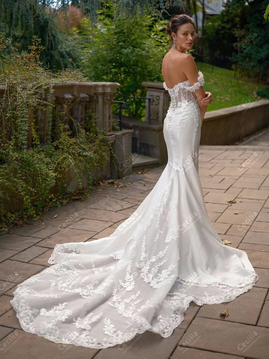 Vintage Off-The-Shoulder Satin Mermaid Wedding Dress | Luxurious Lace Applique Sweetheart Bridal Gown | Exquisite Ruched Pleated Vestidos De Novia | Custom Plus Size Floor-Length Gown with Sweep Train Luxegan