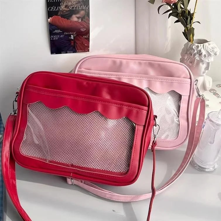 Women's PU Transparent Pocket Ita Bag | High School Girls JK Uniform Crossbody Shoulder Handbag (Fashion Satchel) Luxegan