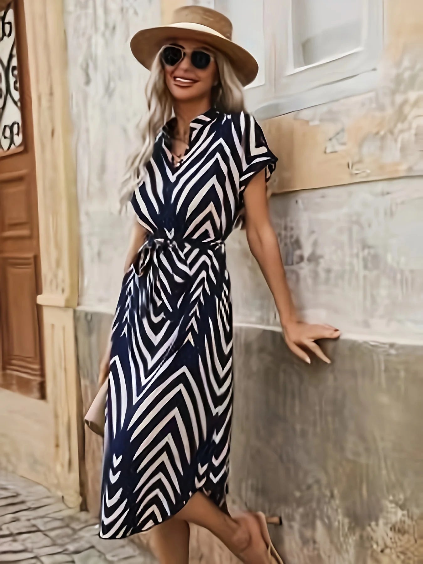 Women's Summer New Striped Belted Dress | Elegant Casual V-Neck Short Sleeve Sundress | Comfortable Knee-Length A-Line Dress | Premium Tatting Slight Stretch Regular Fit Vestido Luxegan
