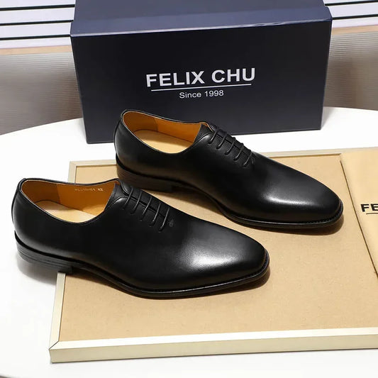 Designer Genuine Leather Wholecut Oxfords | Luxury Brand Pointed-Toe Dress Shoes | Elegant "Classic Single-Piece" Silhouette | "Dignified" Waterproof Cow Leather Footwear for Radiant Versatile Business & Formal Styling Luxegan