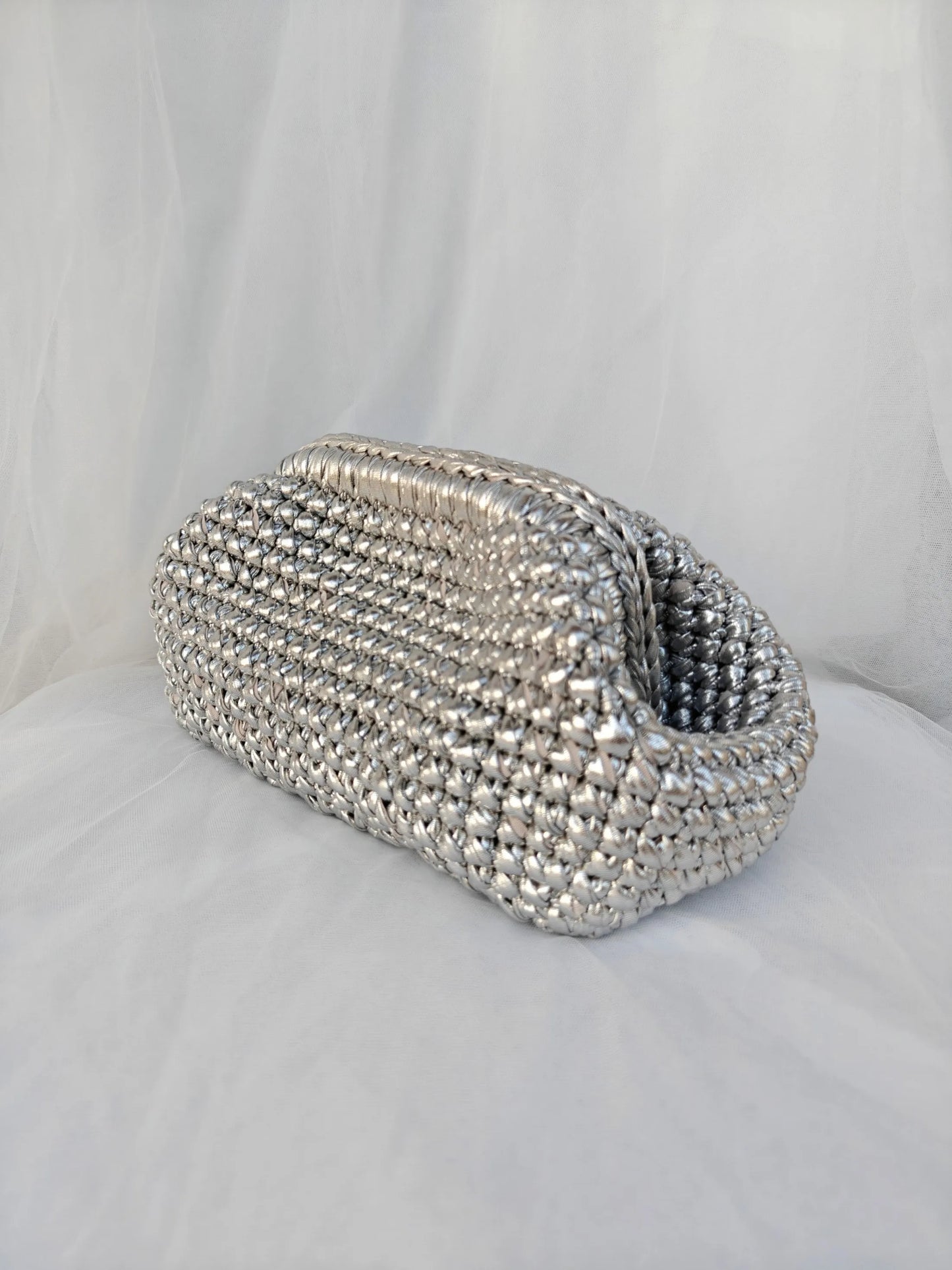 Metallic Lustre Crochet Underarm Bag | Sophisticated Cloth-Strip Woven Clutch | Elegant Large-Capacity Knit Tote | "Dignified" Soft Polyester Handbag for Versatile Everyday Chic Luxegan