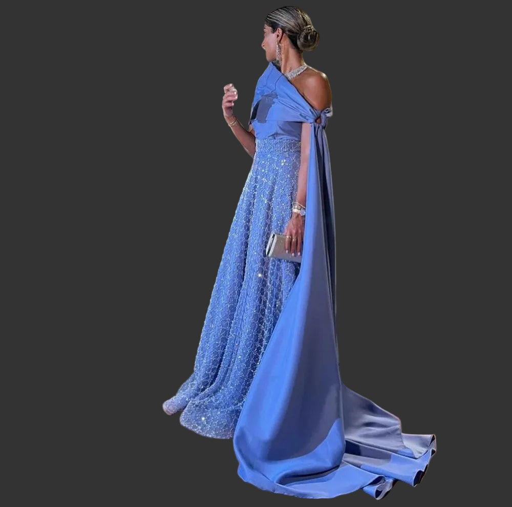 Lace Appliqué Off-Shoulder Prom Gown – A-Line, Court Train, Floor-Length Luxegan