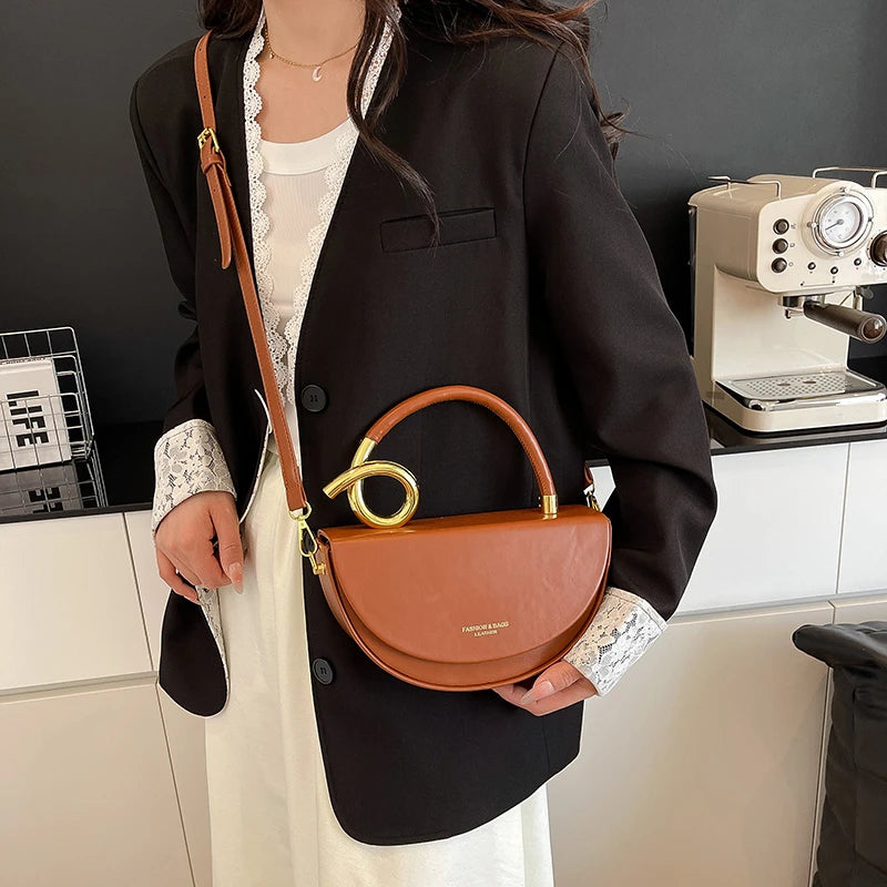 Designer Semicircle Saddle Crossbody | Small Hard PU Leather Handbag Luxegan