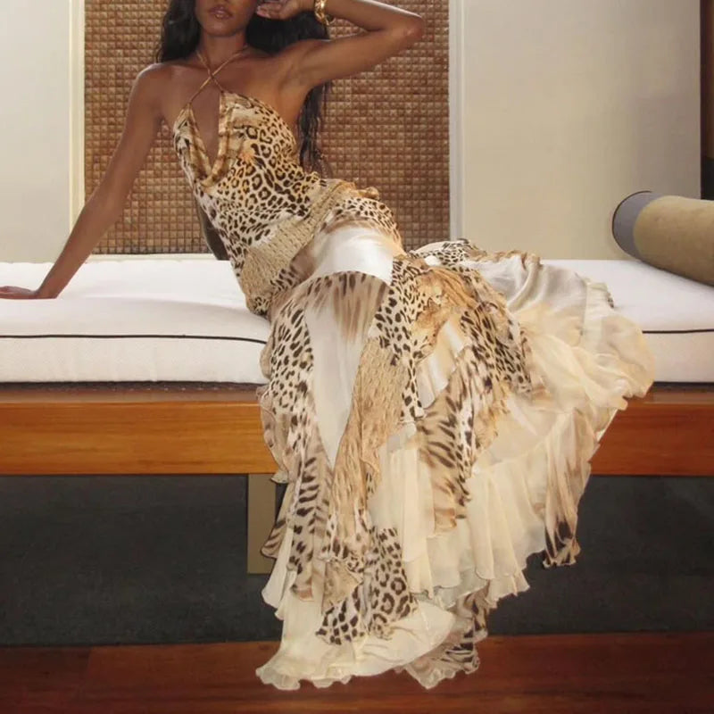 Leopard Print Tiered Ruffle Maxi Dress | Spaghetti Strap Halter High Waist A-Line Beach Gown Luxegan