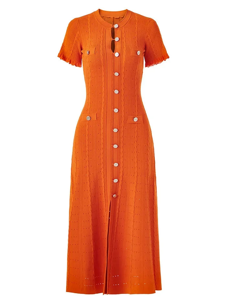 French Style Knitted Long Dress round Neck Hollow out Wooden Edge Skirt Elegant Autumn Luxury Women's Fashion One Piece Dress
