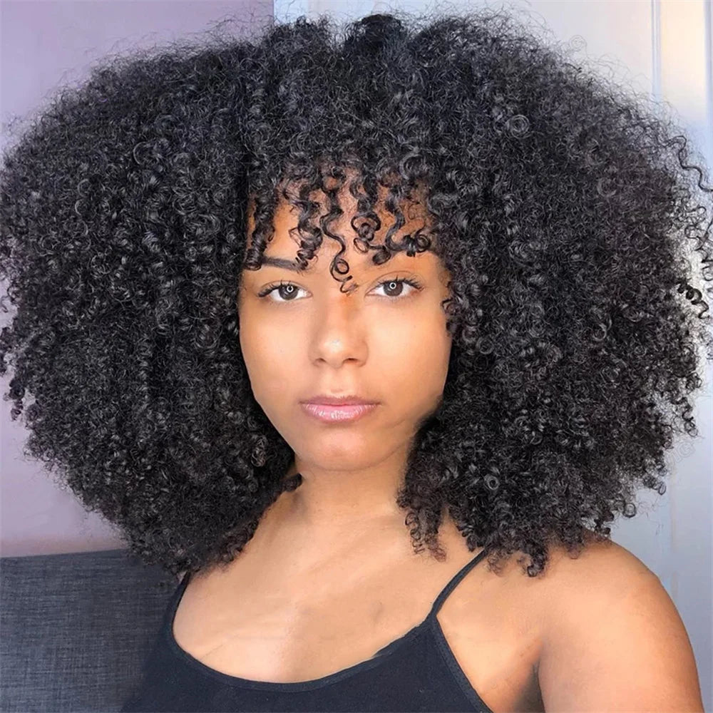 Jerry Curly Human Hair Wig with Bangs | Malaysian Remy Hair | Afro Curly Wig