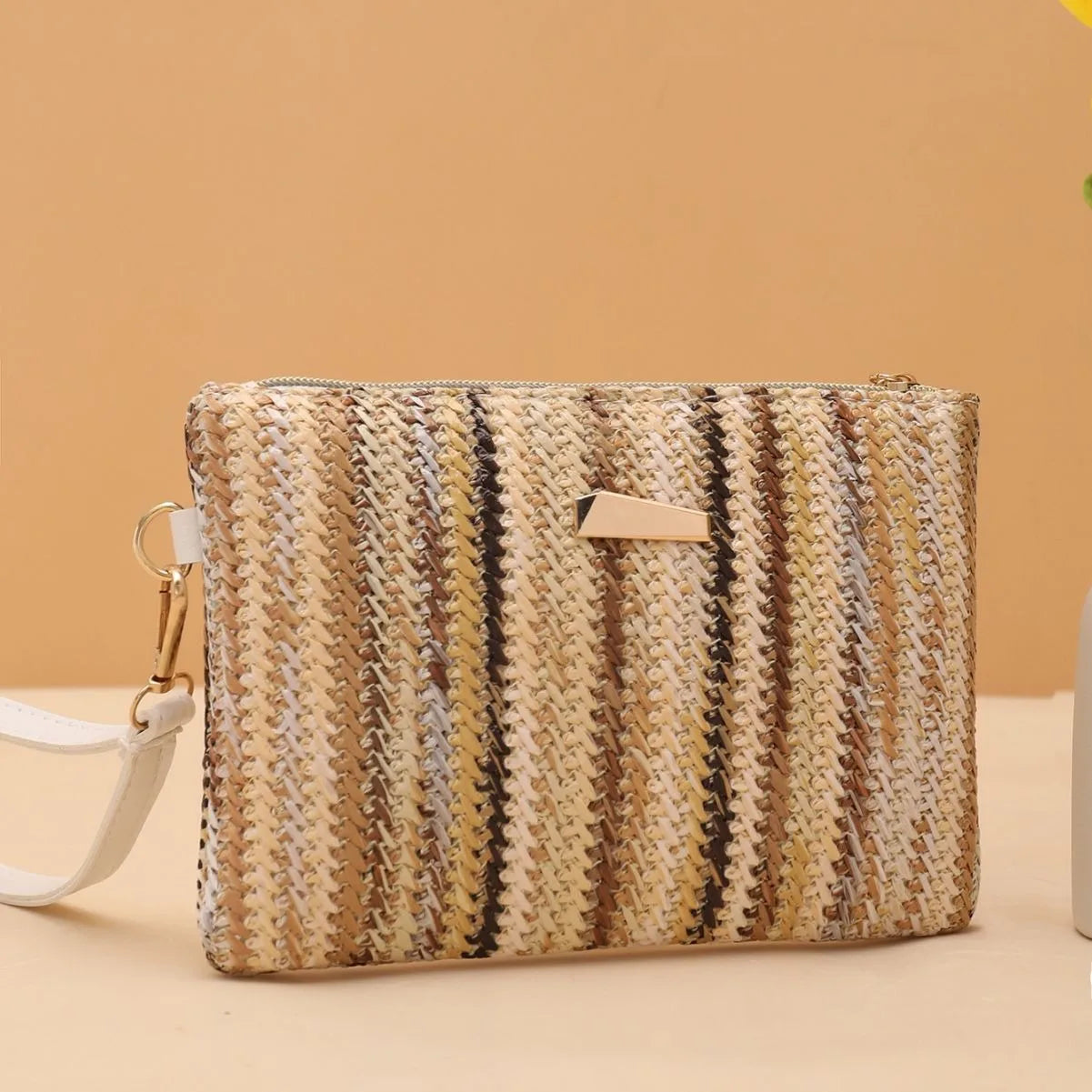 Colorful Rattan Knitting Beach Clutch | Fashion Straw Woven Wristlet Bag | Summer Vacation Money & Coin Purse | Versatile Rainbow Dinner Wallet Luxegan