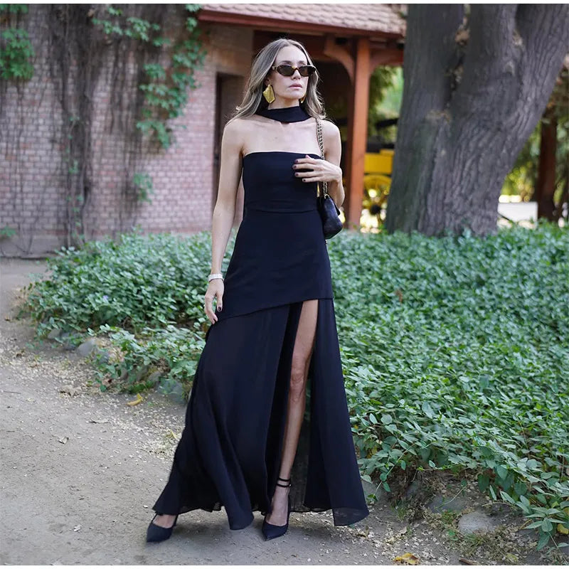 Elegant White Mesh Splicing Slim Women Strapless Dress Chic Scarf Neck Off Shoulder High Waist Long Dresses Lady Party Robes