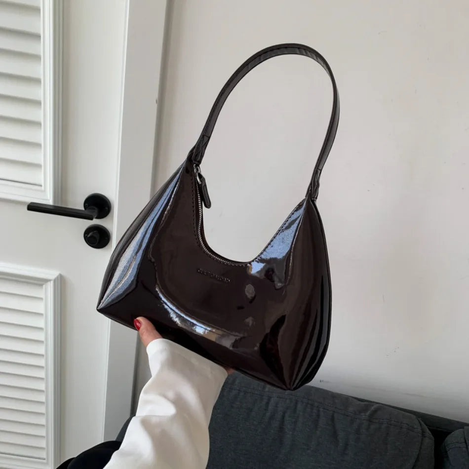 Designer Patent Leather Crescent Bag | Soft Solid Color Shoulder Tote Luxegan