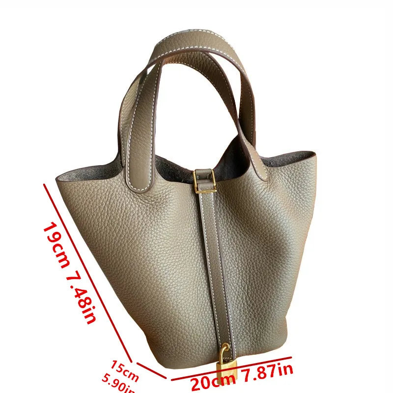 Stylish Bucket Shopping Tote Bag for Women | Soft PU Litchi Pattern Handbag with Lock & Small Horse Scarf (Classic, Versatile) Luxegan
