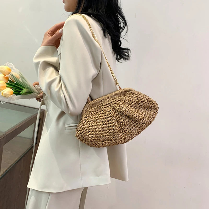 Bohemian Straw Dumpling Clutch Bag | Woven Straw Tote Purse for Women (Summer Beach Bag, Wicker Clutch) Luxegan