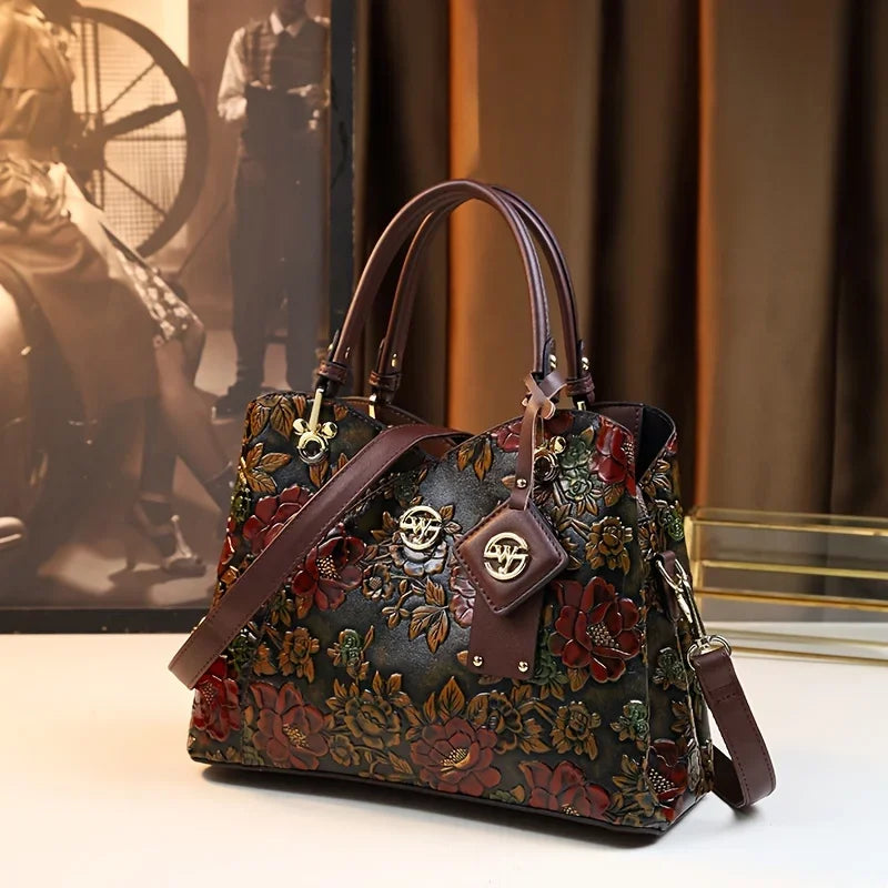 Vintage Flower Pattern Handbag | Luxury PU Leather Tote Bag & Fashion Crossbody Bag For Women Luxegan