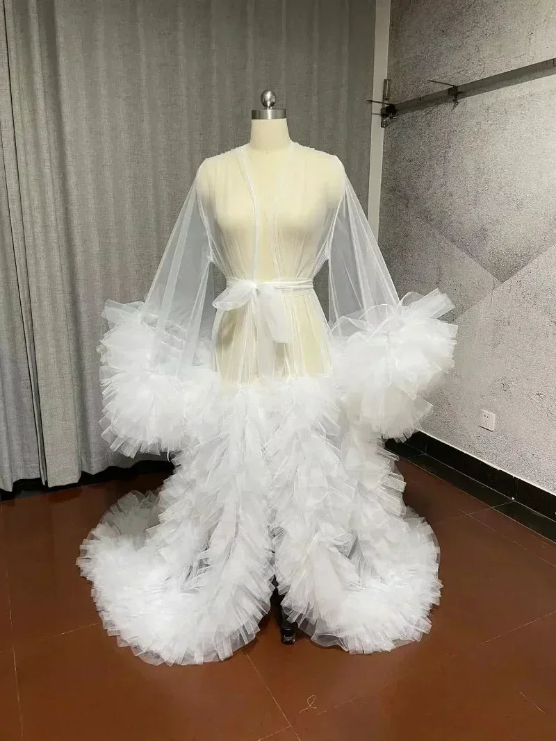 Pearl Diary Women's Perspective Sheer Long Tulle Robe | Puffy Pregnancy Maternity Gown for Baby Shower & Photoshoots | Sexy O-Neck Floor-Length Sleepwear Nightgown | Premium Bespoke Custom Occasion Dress Luxegan