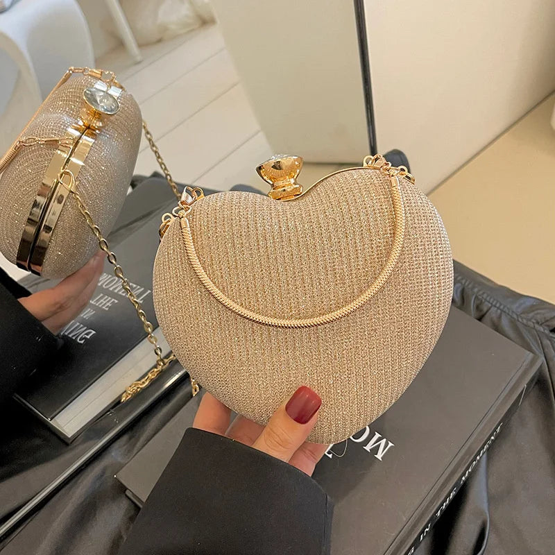 Shiny Heart Shape Metal Evening Clutch Bag for Women | Fashion Chain Shoulder Crossbody Bag (Luxury Lady Purse) Luxegan