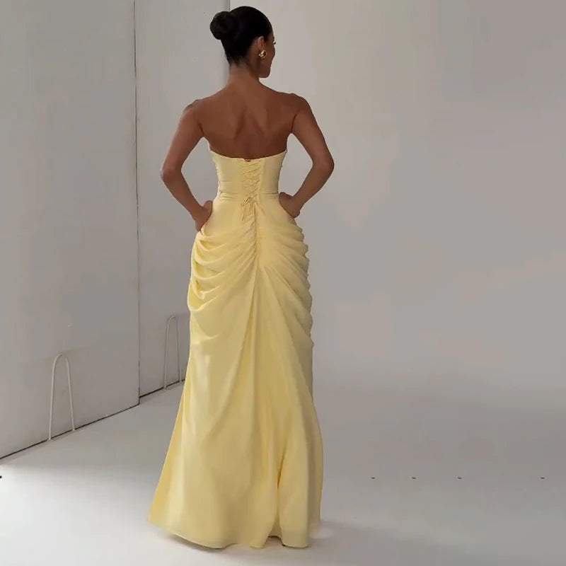 Women's Elegant Yellow Low-Cut Backless Maxi Dress | High-Waisted Lace-Up Waist Cincher Party Gown | Short Puff Sleeve Hollow-Out Club Dress | Premium Tatting Slight Stretch Mid-Calf Fit and Flare Luxegan 