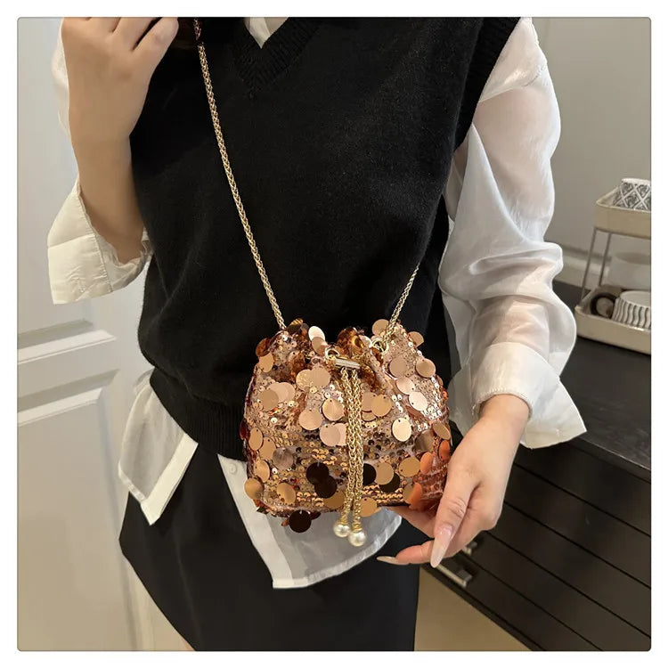 Sequin Chain Women's Portable Bucket Shoulder Bags | Retro Ladies Dinner Party Clutch Purse Luxury Design Female Crossbody Bag Luxegan