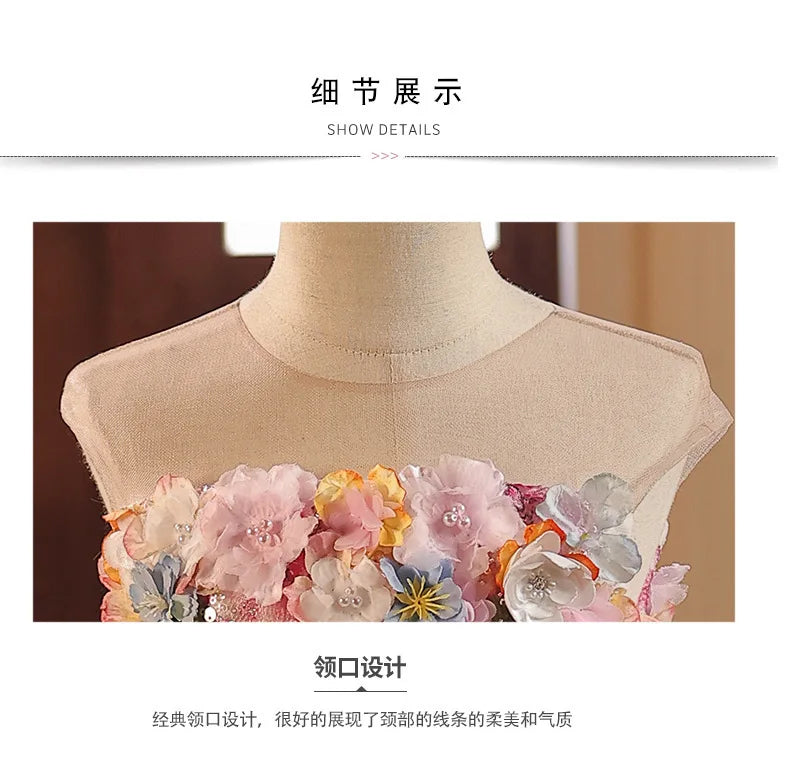 Girls' High-End French Style Forest Series Flower Little Host Walk Show Piano Performance Birthday  Party Princess Dress