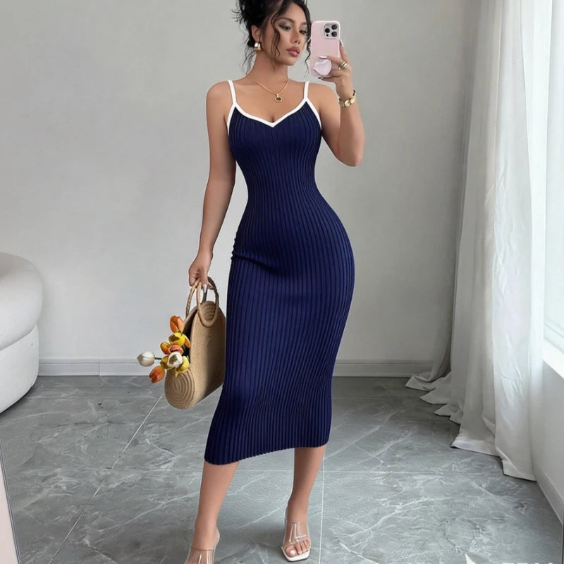 Solid V-Neck Spaghetti Strap Sleeveless Regular Fit Sheath Mid-Calf Dress – Empire Waist, High-Stretch Knit, Summer Luxegan