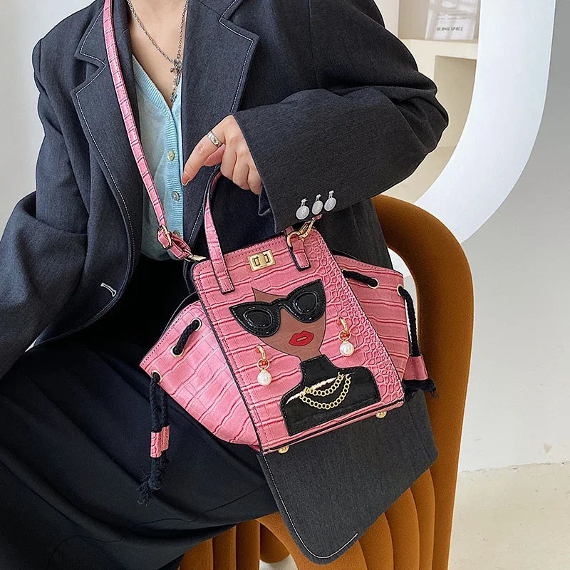 Cartoon Girl Handbag High Quality PU Leather Shoulder Bag for Women | Pearl Crossbody Bag Designer Messenger Bag Female Satchel Luxegan
