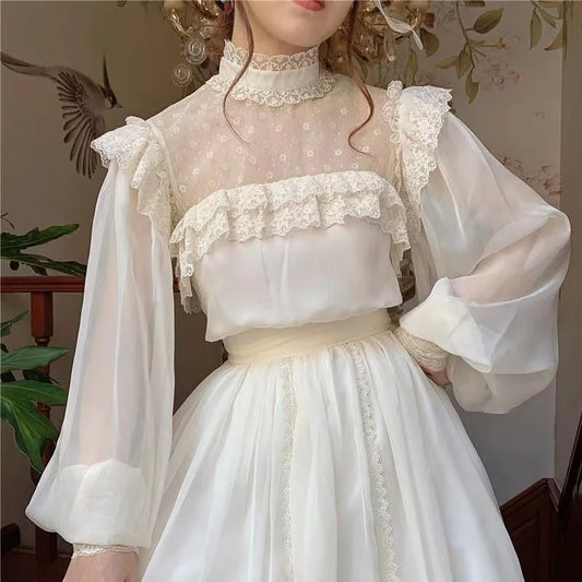 Women's Vintage Cottage Chiffon Gatsby Dress | Elegant Lace Lantern Sleeve Princess Dress | Chic Retro Beige Holiday Date Gown | Premium Tatting Slight Stretch Mid-Calf A-Line Robe Luxegan
