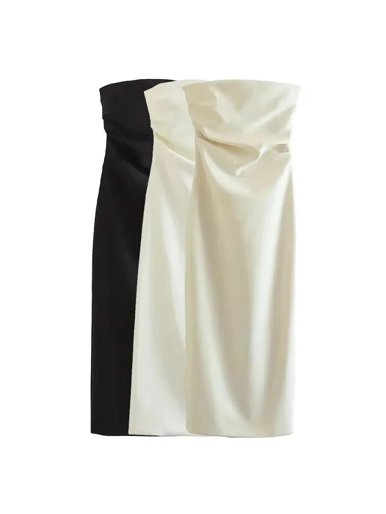 Strapless Gathered Straight-Neck Midi Dress | Solid Non-Stretch Back-Slit Cocktail Gown | Tailored Mid-Calf Regular Fit Dress Luxegan
