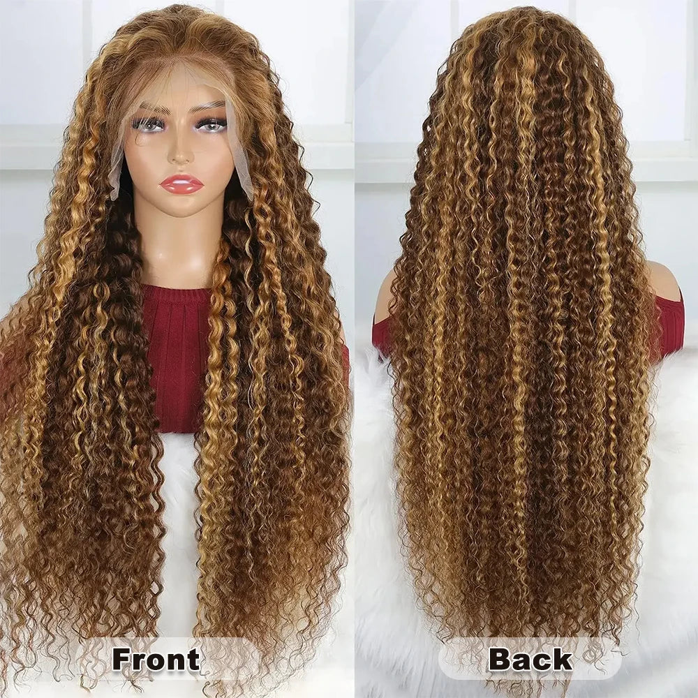 Honey Blonde Highlight Deep Wave HD Lace Wig | Sophisticated 13x6 & 13x4 Transparent Frontal | Elegant "Brazilian Remy" 26+ Inch Silhouette | "Dignified" Pre-Plucked Curly Human Hair for Radiant Versatile Styling Luxegan