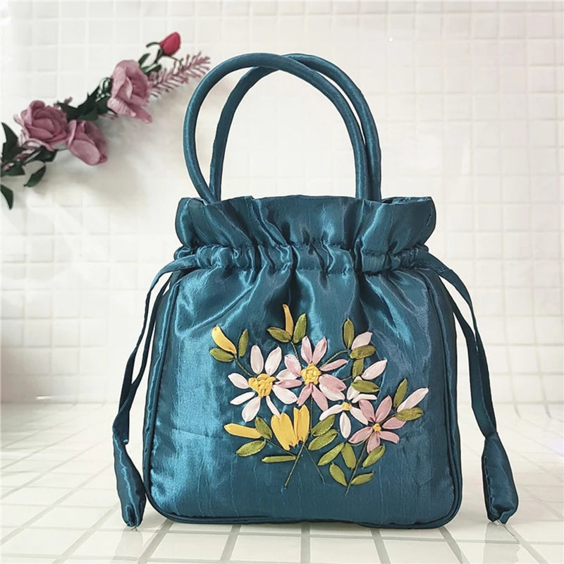 Bolsos Retro Bordados con Cordón Bolsas de Almacenamiento Carteras Monederos Tarjeteros Bolsos de Hombro Tipo Cubo Bolsos de Muñeca