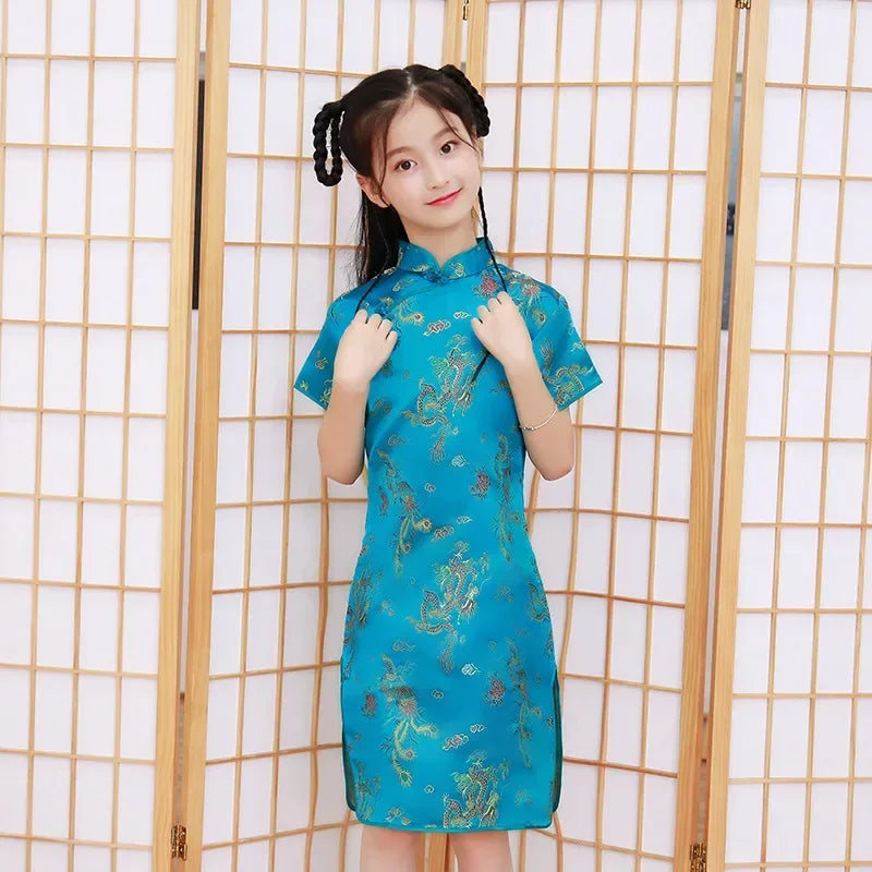 Modern Cheongsam Dress for Girls | Summer Casual Chinese Style Qipao Costume | Short-Sleeve Knee-Length Straight Silhouette Dress for Kids Luxegan
